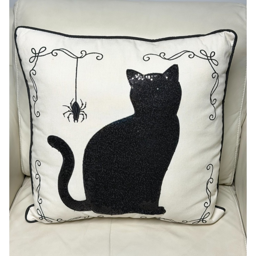Black Cat Sequin Throw Pillow Halloween Décor 16.5" x 16.5" Embroidered
